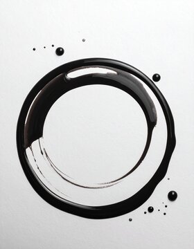 Black liquid ink ring with scattered droplets on a white surface, minimal overhead flat lay with copy space