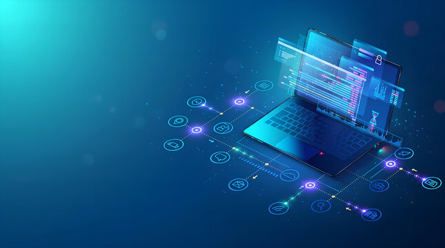 Futuristic laptop displaying intricate lines of code and a secure global network, symbolizing advanced software development, data analytics, and technological innovation in the digital era