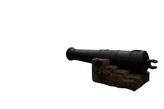 Historic antique iron military cannon on a stone base isolated on a white background   