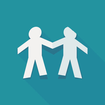 Flat design illustration of paper cut figures holding hands with an altered person, symbolizing mental health, psychiatric illness, brain disorder, and care