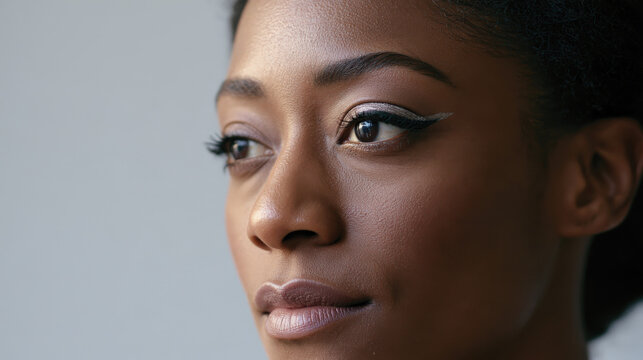 This captivating close-up shot features a woman showcasing her bold eye makeup, drawing attention to her expressive gaze, with a clean, minimalist background for impact.