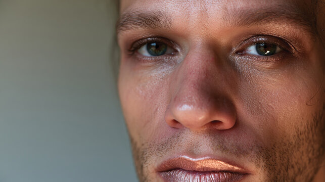 This vivid close-up captures the man&rsquo;s distinct features and contemporary makeup style, illustrating the theme of identity and beauty fluidity in today&rsquo;s society.