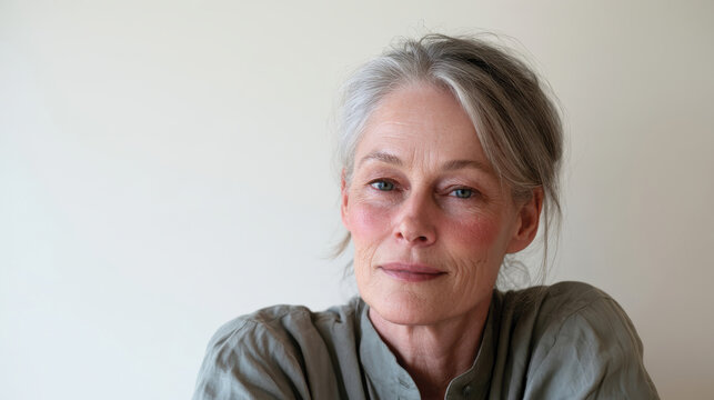 A poised, mature woman with graceful gray hair sits against a simple backdrop, exuding tranquility and confidence, showcasing beauty and wisdom in her expression.