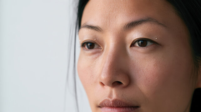 A striking close-up portrait showcasing a young woman's contemplative gaze, featuring natural lighting and a soft-focus background that enhances her expressive features.