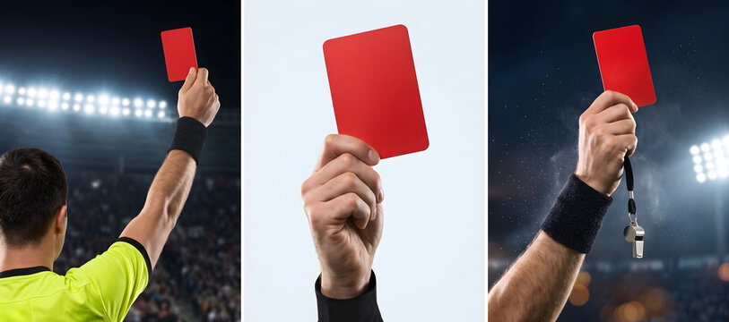 Football Referee Raising Red Card, Soccer Penalty and Dismissal Triptych