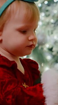A Young Child in Festive Attire Engages with Holiday Decorations, Capturing the Magic of the Season in a Heartwarming Scene of Joy and Curiosity