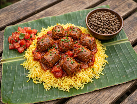 Rougail de saucisses sur  feuille de bananier 