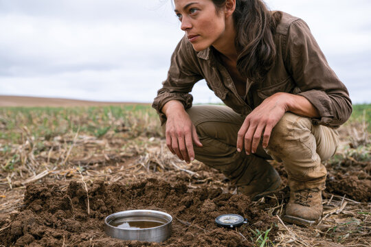 A focused woman crouching to study soil properties using equipment, showcasing the connection between scientific observation and the natural environment as she conducts research.