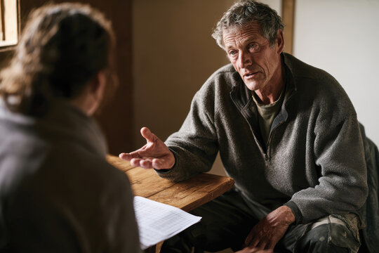 A mature man speaks thoughtfully with a woman, immersed in conversation while seated at a wooden table, illuminated by soft natural light highlighting their expressions.