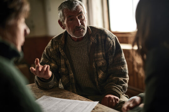 An experienced man animatedly shares insights with listeners in a cozy room, reflecting the exchange of ideas and knowledge vital for personal and community growth.