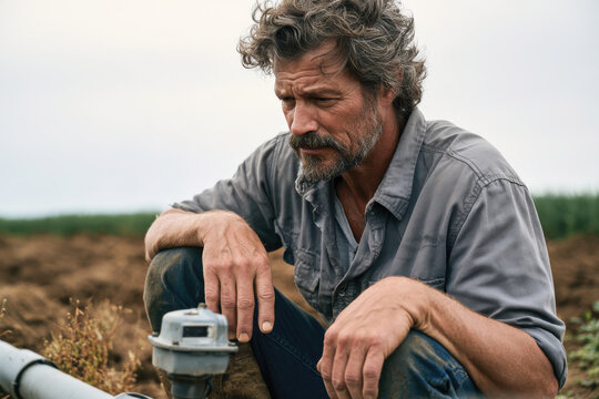 A contemplative farmer analyzes an irrigation pipe, reflecting on agricultural practices and environmental conditions affecting crop growth and farming sustainability in his field.