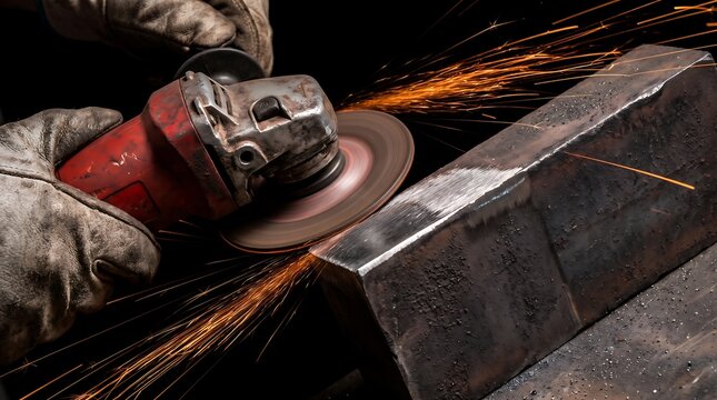 Worker hand using angle grinder on steel edge creating bright orange sparks in dark workshop for industrial metal fabrication