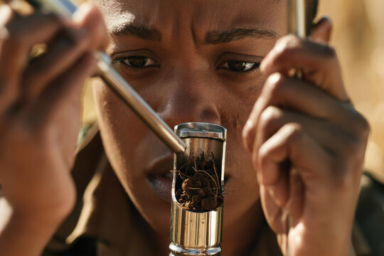 A young woman observing an environmental test of soil, emphasizing the significance of soil quality while actively participating in modern agricultural practices in a rural setting.