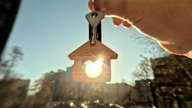 Buying or renting real estate, movement. Woman holding keys to new apartment outside.
