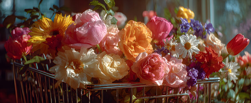 The vibrant bouquet of flowers in a shopping cart.