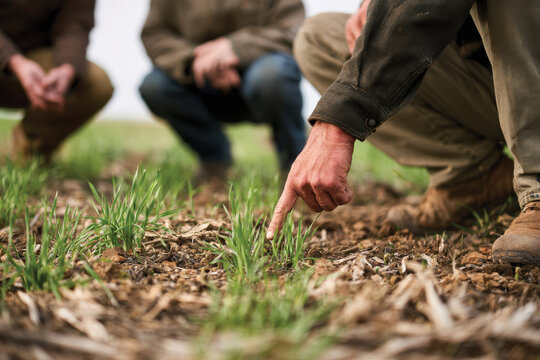 Farmers gather in the field to examine young crops, enhancing their understanding of agricultural practices and fostering a spirit of collaboration and community.