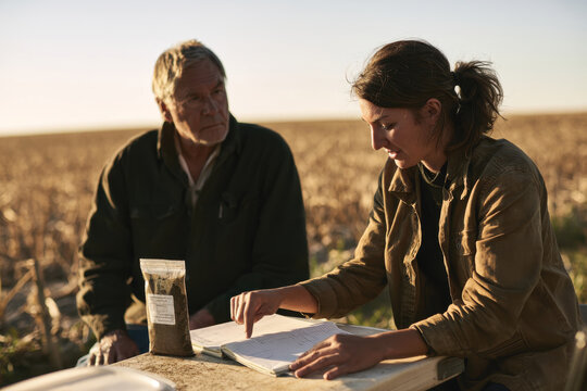 A young farmer and consultant evaluating notes together, illustrating the importance of knowledge sharing and collaboration for effective farming and agricultural improvement.