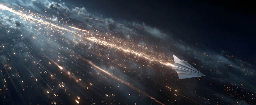 The paper airplane soaring through a starry cosmic sky with glowing spark trails