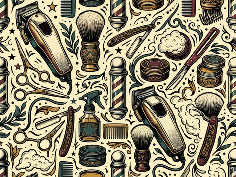 Vintage barber shop seamless pattern. Retro engraving style haircutting tools and accessories. Vector illustration