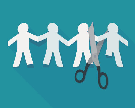 Flat design illustration of scissors cutting an amputee person from a paper chain of men, symbolizing disability discrimination, unfair dismissal, and exclusion