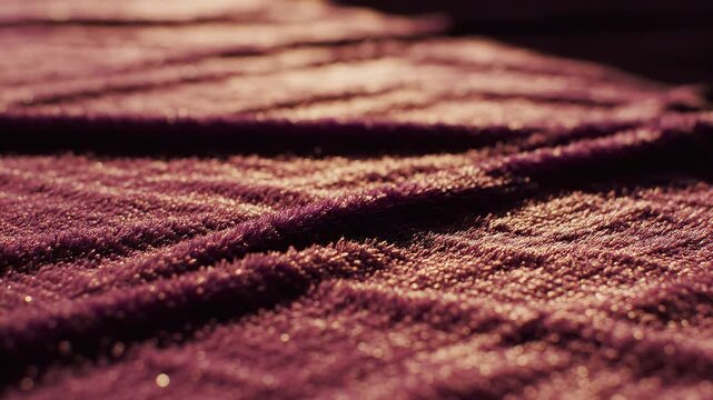 Purple plush fabric catches shifting light across raised wave patterns, revealing fine fibers and soft ridges as cool violet illumination changes to warm golden highlights