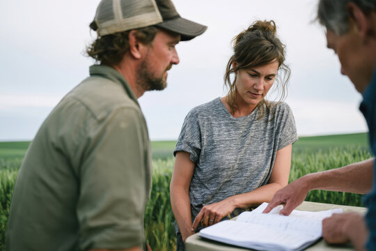 A group of three individuals collaborates on agricultural practices in a field, showcasing an exchange of knowledge and insights about crop health and farming strategies.