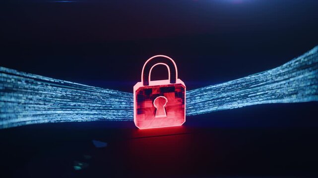 Virtual security lock surrounded by digital code, decryption and hacking process