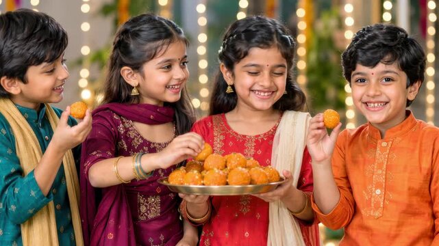 Children sharing boondi ladoos for diwali at a festive gathering, mithai platter with embroidered kurtas dupattas traditional outfits