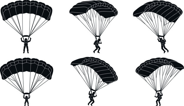 Parachute and Skydiver Silhouette Icon Set Featuring Extreme Sports Paragliding and Skydiving Athletes for Adventure Flying Logo Designs