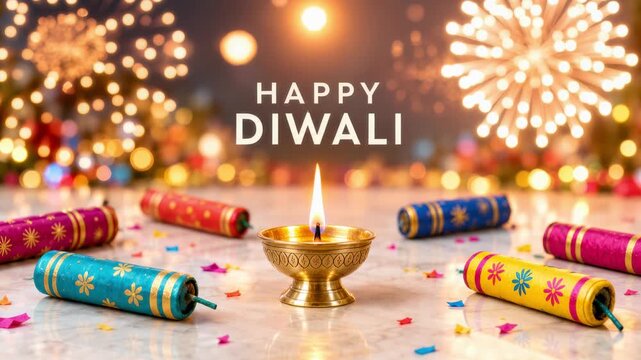 Happy diwali party greeting with decorative patakha firecrackers. Brass diya among colorful wrapped fireworks confetti festive props