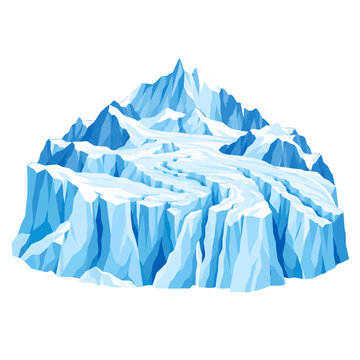 Blue Arctic Glacier Ice Mountain with Snowy Peaks and Frozen Cliffs Isolated on White Background Flat Vector Illustration