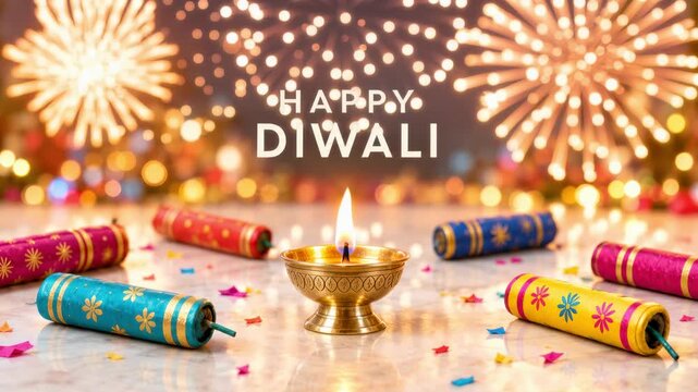 Brass diya under happy diwali lettering, patterned firecrackers with colorful confetti, festival party card with patakha decorations