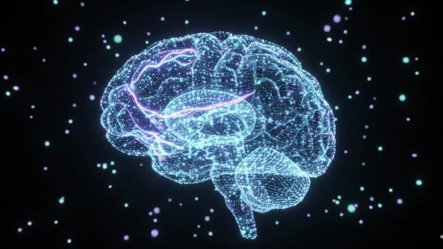 Futuristic particles spiral into a tunnel revealing a glowing holographic 3D brain with neon blue and purple lights on black background