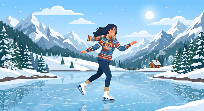 A young woman ice skating on a frozen lake with mountain views