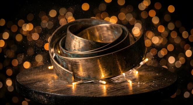 A Coiled Brushed Metal Ribbon with Fairy Lights