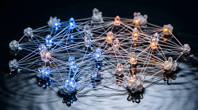 A glowing crystal network node structure reflecting on a dark surface.