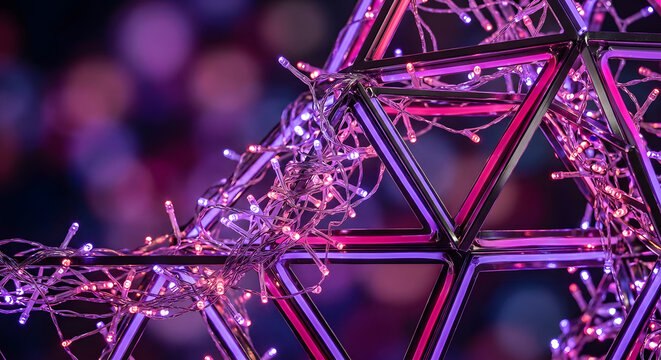 Geometric structure decorated with glowing purple and pink fairy lights