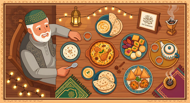 A Muslim Elder Enjoying Eid Feast