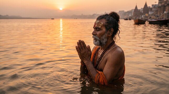 Indian sadhu with holy markings standing in the sacred Ganges river at sunrise with hands joined in prayer