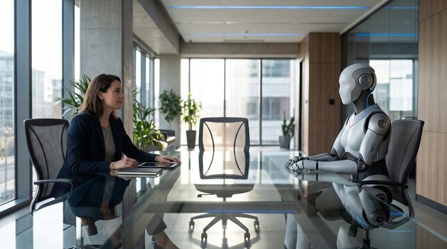 Business woman sitting in a modern corporate boardroom having a professional meeting with a humanoid AI robot across a glass table