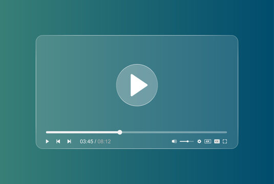 Modern Glassmorphism Video Player UI Template with Transparent Glass Effect, Play Button, Progress Bar, Volume Control, 4K and Fullscreen Icons