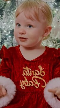 A cute toddler in a festive red Santa outfit with a cheerful expression celebrates the holiday season next to a beautifully decorated Christmas tree.