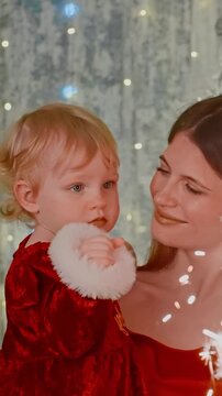 Joyful Celebration with Sparkles: A Woman in Red Dress Smiling Amidst Festive Lights and Sparkler Magic in a Cheerful Gathering