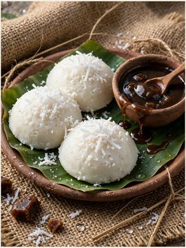 Winter Special Bengali Bhapa Pitha Vapa Pitha Steamed Rice Cake with Coconut Nolen Gur on Banana Leaf