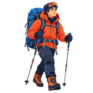 Winter Mountain Hiker with Orange Jacket Blue Backpack and Trekking Poles Flat Vector Character Illustration on White Background