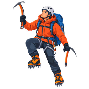 Professional Ice Mountain Climber with Orange Winter Jacket and Ice Axes Flat Vector Illustration Isolated on White Background