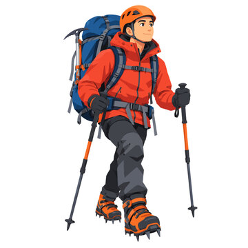 Adventurous Mountain Explorer with Red Winter Jacket Orange Helmet and Trekking Poles Flat Vector Illustration Isolated on White
