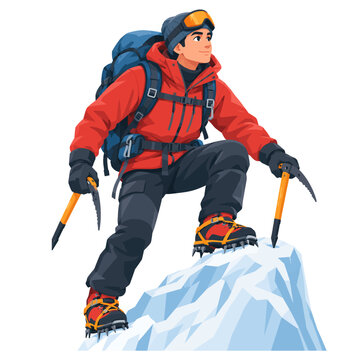Professional Ice Climber Ascending Snowy Mountain with Ice Axes and Crampons Flat Vector Illustration on White Background