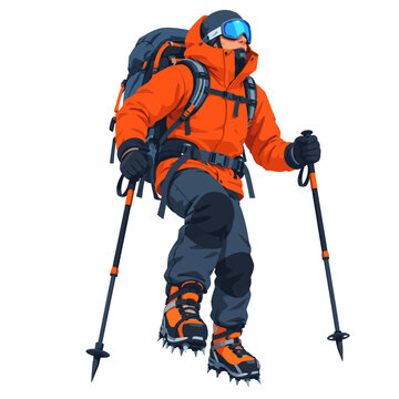 Extreme Winter Mountaineer Wearing Orange Insulated Jacket and Blue Ski Goggles Flat Vector Illustration Isolated on White