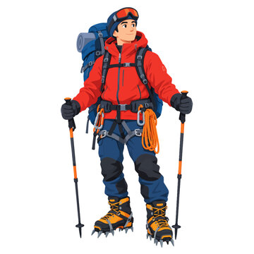 Alpine Mountaineer with Red Jacket Climbing Rope Backpack and Trekking Poles Flat Vector Illustration Isolated on White